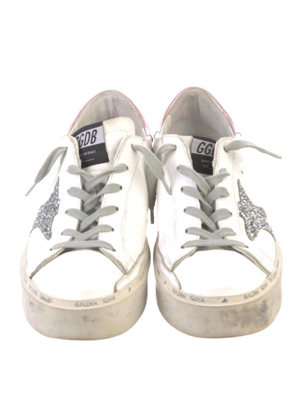 Golden Goose White Leather Sneaker with Silver Glitter Star and Pink Heel - Picture 4 of 6